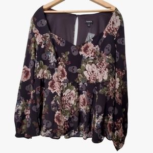 torrid Black Shirt Grey Skulls Floral Peplum Blouse Long Sleeve Top 1 1X 14-16